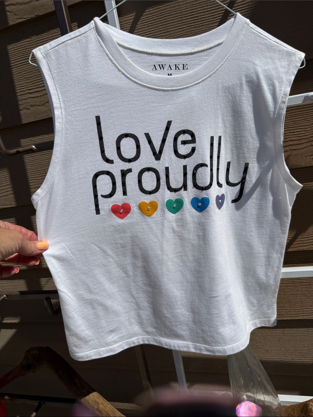 Awake New Unisex One of a kind White "Love Proudly"Swarovski Blk & raindbow chry